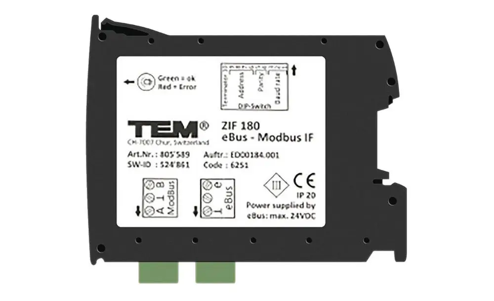 Modbus-Gateway von Vaillant mit Anschlussmöglichkeiten für eBus und Modbus, gekennzeichnete Statusanzeigen für Betrieb und Fehlermeldung auf der Vorderseite.